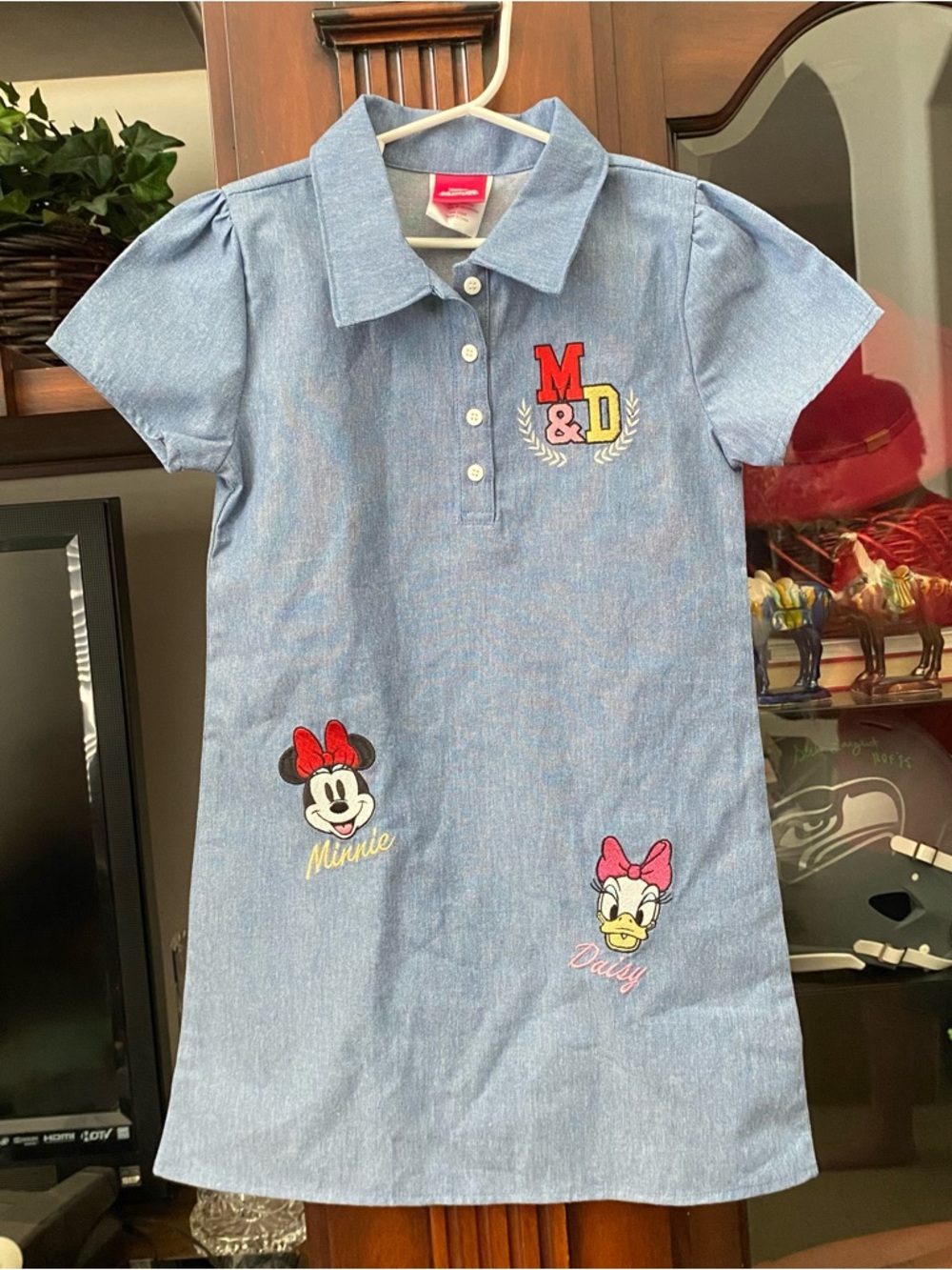 Disney Junior Minnie Mouse Dress Girls 6X Denim Chambray Appliqué Daisy Duck NEW